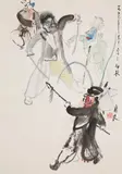 Guan Liang, Four Peking opera actors., Four Peking opera actors. Ink and light colours on paper. Inscribed, dated 1957, signed and sealed Guan Liang