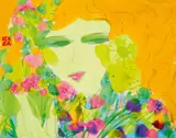 Ting Walasse, Lady with orange hair and flowers., Lady with orange hair and flowers. Acrylic on paper. Sealed Caihua dadao (Flower picking thief)