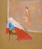 Su Xiaobai, Interieur with a painting of a woman holding a fan., Interieur with a painting of a woman holding a fan. Oil and tempera on canvas. Signed Xiaobai in pinyin