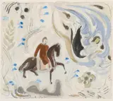 Su Xiaobai, Horsemen and flying apsara., Horsemen and flying apsara. Ink and colours on paper. Signed Xiaobai in pinyin