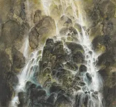 Wang Jianan, Waterfall and rocks., Waterfall and rocks. Ink and colours on paper. Signed Shui (water)