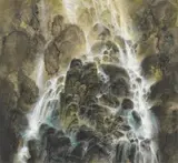 Wang Jianan, Waterfall and rocks., Waterfall and rocks. Ink and colours on paper. Signed Shui (water)