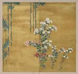 Anonymer Maler des 19. Jh., A two-panel screen (formerly two fusuma doors) depicting chrysanthemums and bamboo. Ink, colours and gofun on silk. Minor losses to the gofun. 20th century.