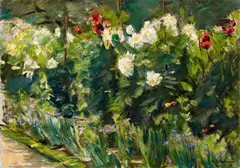 Max Liebermann, Rote und weiße Blumen nach Südosten (Blumenstauden im Nutzgarten nach Südosten), 1925, Öl auf Leinwand
