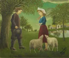 André Bauchant, La demande en mariage (Couple de paysan avec des moutons), 1924, Oil on canvas laid down on card
