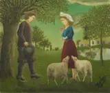 André Bauchant, La demande en mariage (Couple de paysan avec des moutons), 1924, Oil on canvas laid down on card