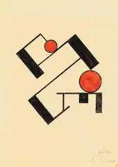 Erich Buchholz, Untitled (Black-Red-Gold). Untitled, 1921 and circa 1970, 2 works on paper: Watercolour and ink over preliminary pencil drawing on ribbed wove paper and watercolour, ink and goldish bronze pigment on Japan laid paper