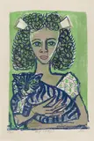 Otto Dix, Mädchen mit Katze I (Kopf geradeaus), 1956, Colour lithograph on laid paper with watermark "VAN GELDER ZONEN"