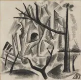 Otto Dix, Haus und Baumstümpfe, Circa 1916, Black chalk on thin, smooth drawing paper