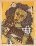 Otto Dix, Mädchen mit Katze II (Kopf schräg), 1956, Colour lithograph on wove paper with watermark "VAN GELDER ZONEN" 53.2 x 41 (
