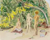 Erich Heckel, Drei Akte, 1929, Watercolour and coloured chalks on laid paper with watermark "ZANDERS"