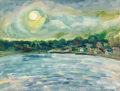 Bruno Krauskopf, Sonne über einem See, Gouache on light card with embossed stamp "ORO"