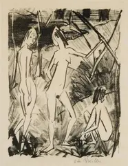 Zwei stehende und ein sitzendes Mädchen by Otto Mueller, 1922 - 1925, Lithograph on very thin Japan paper, sold May 2014