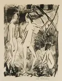 Otto Mueller, Zwei stehende und ein sitzendes Mädchen, 1922 - 1925, Lithograph on very thin Japan paper
