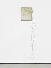 Gerhard Hoehme, Abhörer, 1974/1975, Acrylic on damask on panel with PVC cord