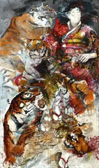 Andrea Lehmann, Frau jagt Tiger, 2002, Oil, shellac, collaged, on printed cotton, the verso backed with canvas