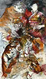 Andrea Lehmann, Frau jagt Tiger, 2002, Oil, shellac, collaged, on printed cotton, the verso backed with canvas