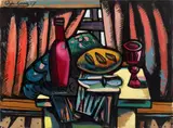 Johann Georg Müller, Stilleben mit Wein und Brot, 1957, Oil on card on canvas