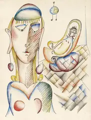 Johann Georg Müller, Interieur mit zwei Frauen, 1960s, Crayon and ink on laid paper