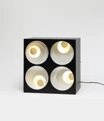 Gregorio Vardánega, 4 Cercles ex-centriques, 1969, Kinetic object: metal elements consecutively mounted with bulbs. In metal object box