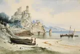 Carl Werner, Sicilian Coastal Landscape with a view of Ruffo Castle in La Scaletta, 1837, Watercolour