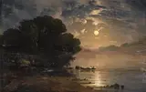Alexandre Calame, Evening Landscape with a Lake, Oil on panel (parquetted)