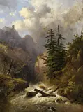 Alexandre Calame, A Moutainous Landscape with a Stream and Pine, Oil on panel