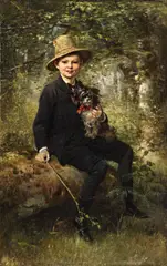 Ludwig Knaus, Portrait of a Boy with a Dog in a Forest, Oil on canvas