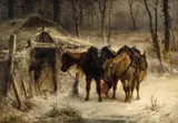 Adolf Schreyer, Winter Landscape with a Huntsman and Horses
