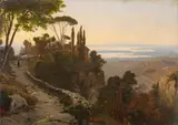 Italian Landscape by Oswald Achenbach, Oil on cardboard, mounted on wood, sold May 2014