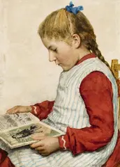 Albert Anker, A Girl Looking at a Book, Watercolour on paper