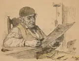 Albert Anker, A Peasant Reading the Newspaper, Black ink, ochre pencil on paper