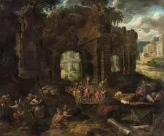 Gillis van Valckenborch, Roman Landscape with Ruins and a Carneval Procession, Oil on canvas