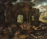 Gillis van Valckenborch, Roman Landscape with Ruins and a Carneval Procession, Oil on canvas