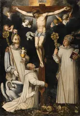 German School circa 1600, Christ on the Cross with Saint Bruno, Hugh of Lincoln and Hugh of Châteauneuf, Oil on canvas (relined)