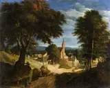 A Landscape with Peasants and a Village by Flemish School of the 17th century, Oil on copper, sold May 2014