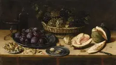 J. van Kessel, Still Life with Plums, Hazelnuts, Grapes and Melons, Oil on copper