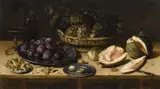 J. van Kessel, Still Life with Plums, Hazelnuts, Grapes and Melons, Oil on copper