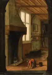 attributed to Jacobus Vrel, Interior Scene with a Woman Cleaning, Oil on panel