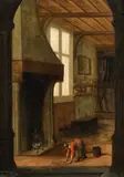 attributed to Jacobus Vrel, Interior Scene with a Woman Cleaning, Oil on panel