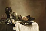 Still Life with a Leg of Lamb, a Peeled Lemon, two Glasses and Pewter Dishes on a Table by studio of Gerret Willemsz. Heda, Oil on panel, sold May 2014