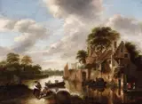 Klaes (Nicolaes) Molenaer, Water Landscape with a large House and Figures, Oil on panel