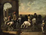 attributed to Pieter van Bloemen, Southern Landscape with Riders, Oil on canvas (relined)