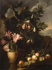 Felice Boselli, Vase with Lilys and Fruit Branches before a Landscape, Oil on canvas (relined)