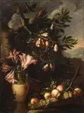 Felice Boselli, Vase with Lilys and Fruit Branches before a Landscape, Oil on canvas (relined)
