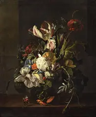 Rachel Ruysch, Flower Still Life with Tulips, Poppy, Viburnum, Bindweed and Chrysanthemums, Oil on canvas (relined)