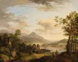 Christian Georg Schütz the Elder, Rhine Landscape with a Rambler, a Village and a Castle Rhine Landscape with Resting Travellers, a Bridge and a Village, Oil on copper. Each