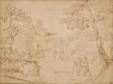 Domenico Campagnola, Landscape with Travellers and a Rider, Brown ink of thick paper