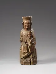 Maasland, A figure of the Virgin enthroned, probably Maasland, second half 13th century, Wood, carved three-quarters in the round, the reverse flattened. Remains of older polychromy. The crowned and enthroned Virgin is depicted in a rigid and frontal aspect, holding the clothed and correspondingly crowned Child on her lap. The simple robes of the figures fall in generous folds down to their feet, emphasising the sacred quality of the sculpture. Both right hands lost. A vertical crack to the head of the Virgin and a larger crack to the front of the plinth. The reverse with losses due to woodworm