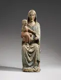 Alpenländisch circa 1300, A figure of the Virgin enthroned, Alpine Region, circa 1300, Wood, carved three-quarters in the round, the reverse flattened and slightly hollowed. With extensive remains of uniform older polychromy which has been applied to a canvas laid out over the Virgin's forearm and the Child's leg. A frontal depiction of the Virgin, seated on a simple throne upon a flat plinth. She is dressed in a long gown and wears her cloak pulled over her head. The Child, wearing a red robe and held in the Virgin's right hand, is shown in a lively but graceful pose facing the beholder and grasping for the hem of his mother's cloak. The compact form and regal appearance of the sculpture are enlivened by the elegant and naturalistic drapery of the Virgin's cape over her knee. The Child's right arm and the Virgin's left hand lost. The Virgin's right shoulder and the lower left edge of the reverse are old replacements. With vertical cracks